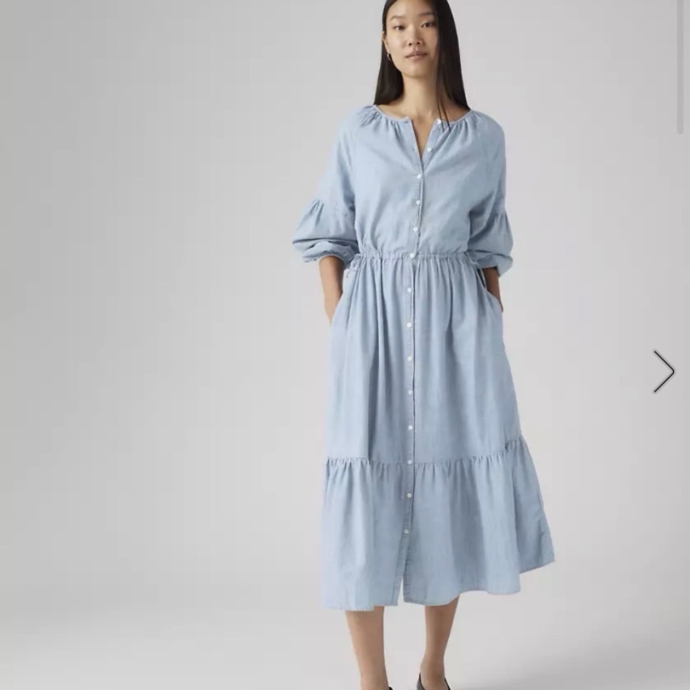 Button-Front Light Blue Midi Dress with Elastic Waist and Tiered Skirt